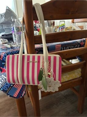Betsey Johnson NWT Pink and White Striped Shoulder Bag with Floral Charm